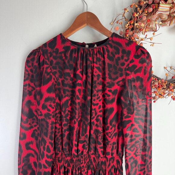 Michael Michael Kors Animal Print Smocked Waist Dress MEDIUM Red Blaze - Picture 4 of 12